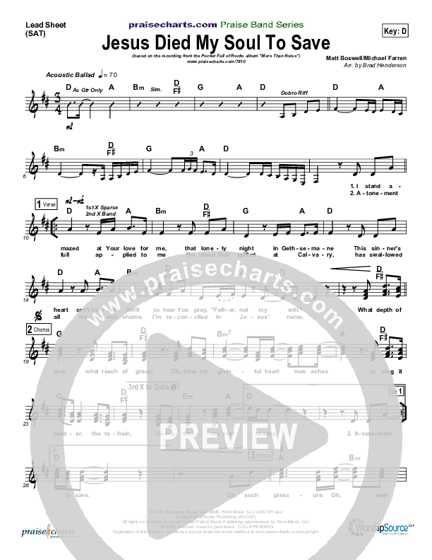 Jesus Died My Soul To Save Lead Sheet (Pocket Full Of Rocks)