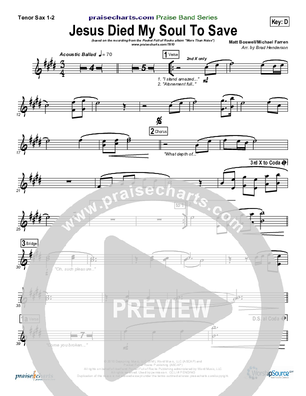 Jesus Died My Soul To Save Tenor Sax 1/2 (Pocket Full Of Rocks)