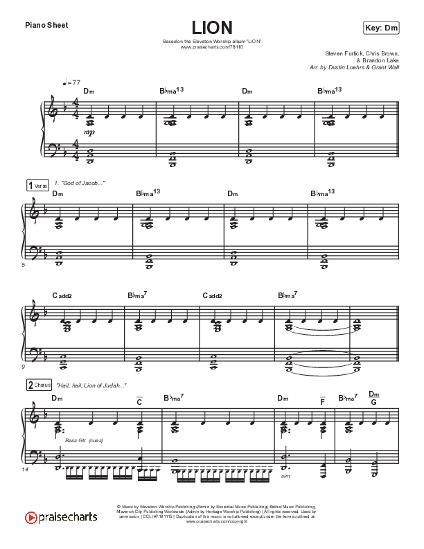 LION Piano Sheet (Elevation Worship / Chris Brown / Brandon Lake)