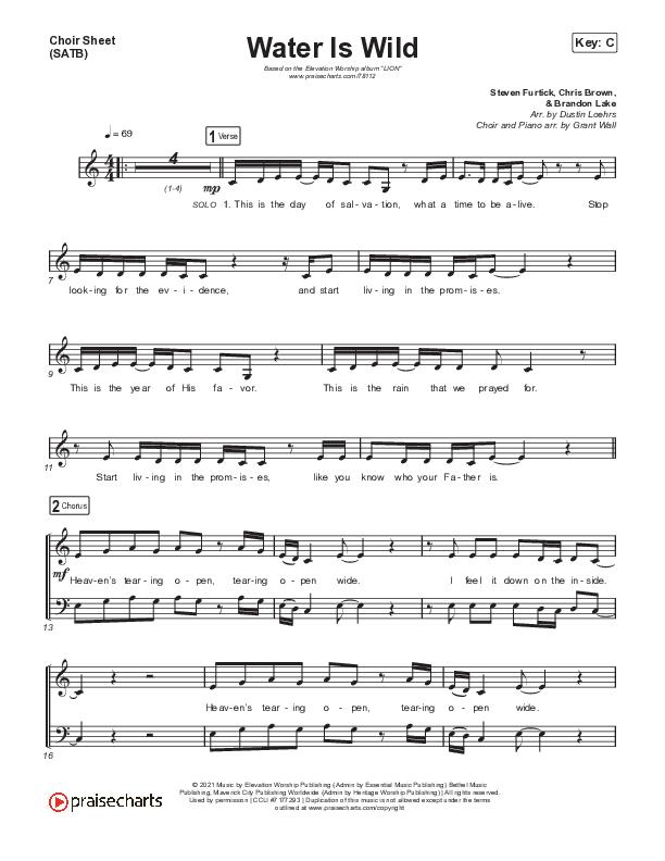 Water Is Wild Choir Sheet (SATB) (Elevation Worship / Chris Brown / Brandon Lake)