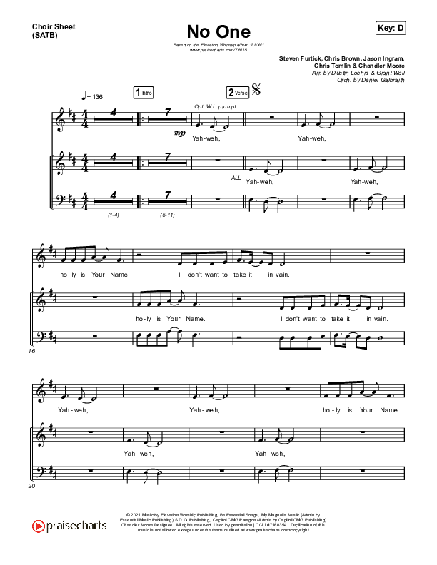 No One Choir Sheet (SATB) (Elevation Worship / Chandler Moore)
