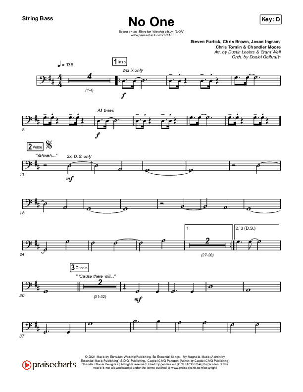 No One String Bass Sheet Music PDF (Elevation Worship / Chandler Moore