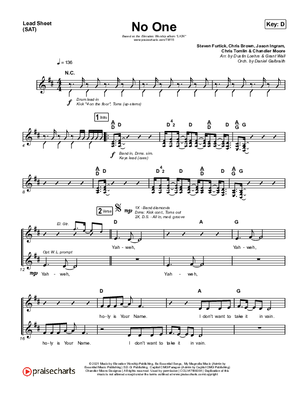 No One Lead Sheet (SAT) (Elevation Worship / Chandler Moore)