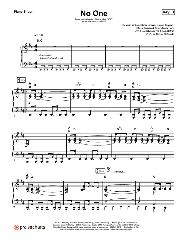 No One Piano Sheet (Elevation Worship / Chandler Moore)