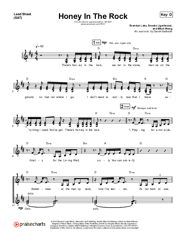 Honey In The Rock Lead Sheet (SAT) (Brooke Ligertwood / Brandon Lake)