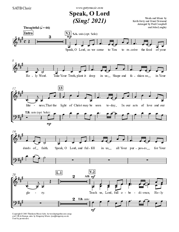 Speak O Lord Choir Sheet (SATB) (Laura Story / Keith & Kristyn Getty)