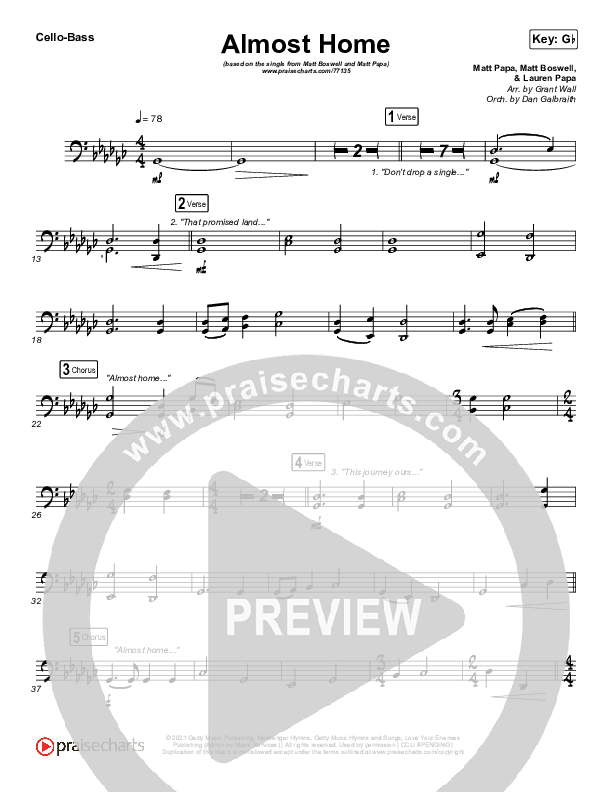 Almost Home Cello/Bass (Matt Papa / Matt Boswell / Keith & Kristyn Getty / Shane & Shane)