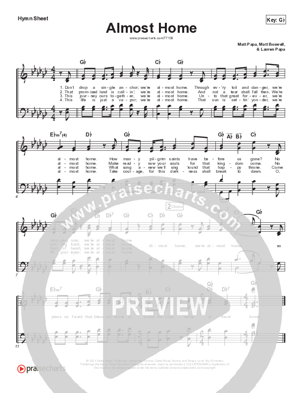 Almost Home Hymn Sheet (Matt Papa / Matt Boswell / Keith & Kristyn Getty / Shane & Shane)