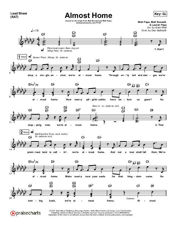 Almost Home Lead Sheet (SAT) (Matt Papa / Matt Boswell / Keith & Kristyn Getty / Shane & Shane)