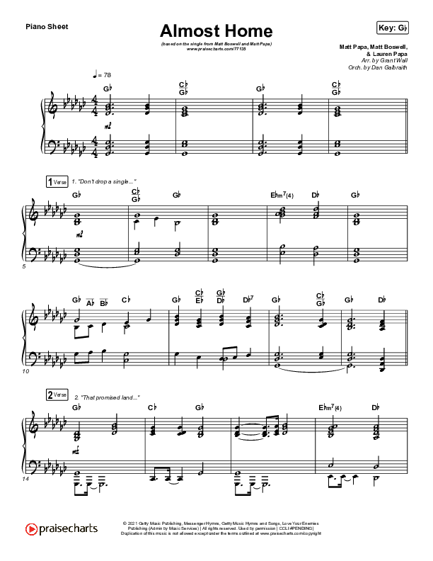 Almost Home Piano Sheet (Matt Papa / Matt Boswell / Keith & Kristyn Getty / Shane & Shane)