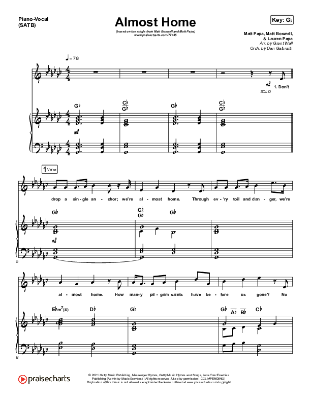 Almost Home Piano/Vocal (SATB) (Matt Papa / Matt Boswell / Keith & Kristyn Getty / Shane & Shane)