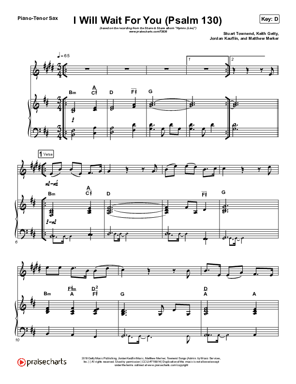 I Will Wait For You (Psalm 130) (Instrument Solo) Tenor Sax & Piano (Shane & Shane)