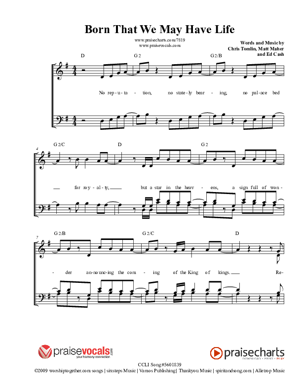 Born That We May Have Life Lead Sheet (PraiseVocals)