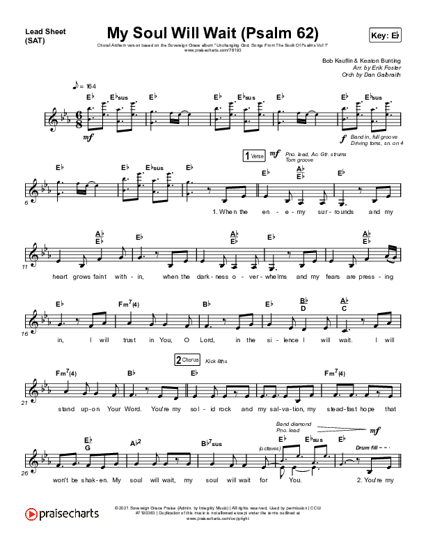 My Soul Will Wait (Psalm 62) (Choral Anthem SATB) Lead Sheet (SAT) (Sovereign Grace / Arr. Erik Foster)