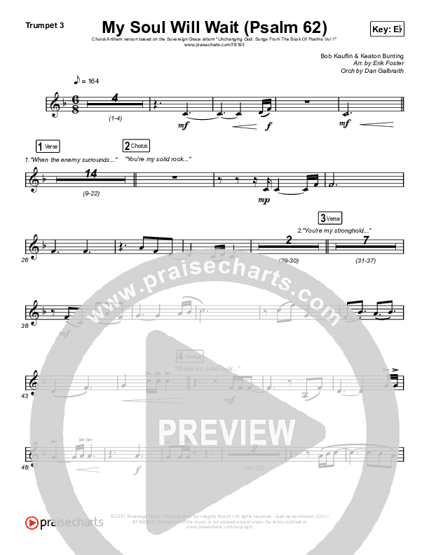 My Soul Will Wait (Psalm 62) (Choral Anthem SATB) Trumpet 3 (Sovereign Grace / Arr. Erik Foster)