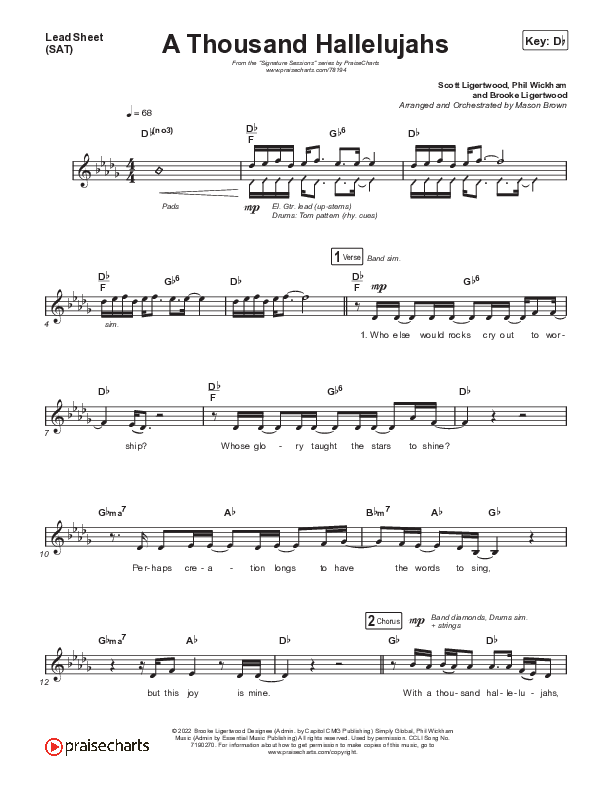 A Thousand Hallelujahs (Choral Anthem SATB) Lead Sheet (SAT) (Signature Sessions / Arr. Mason Brown)
