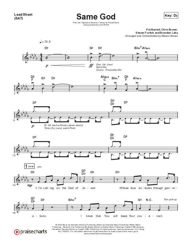 Same God (Choral Anthem SATB) Lead Sheet (SAT) (Signature Sessions / Arr. Mason Brown)