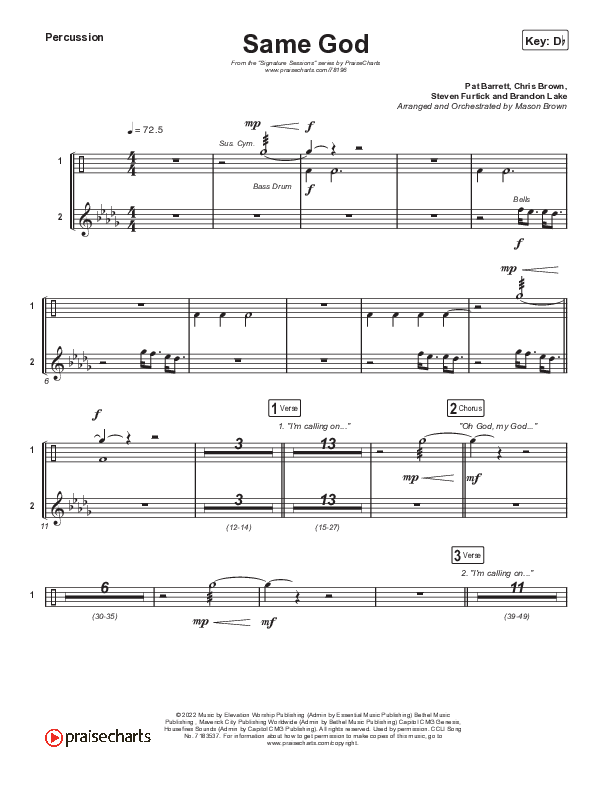 Same God (Choral Anthem SATB) Percussion (Signature Sessions / Arr. Mason Brown)