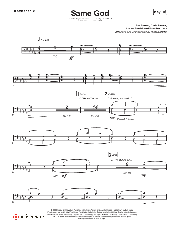 Same God (Choral Anthem SATB) Trombone 1/2 (Signature Sessions / Arr. Mason Brown)