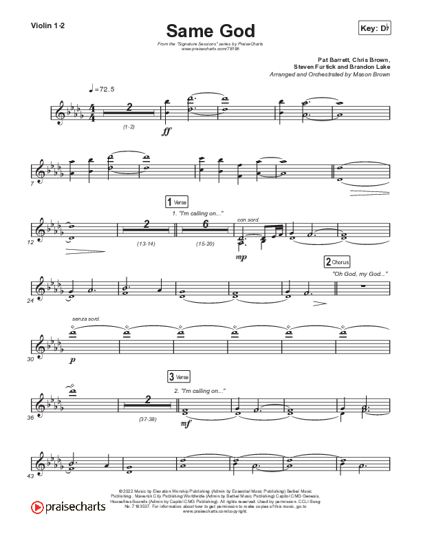 Same God (Choral Anthem SATB) Violin 1,2 (Signature Sessions / Arr. Mason Brown)