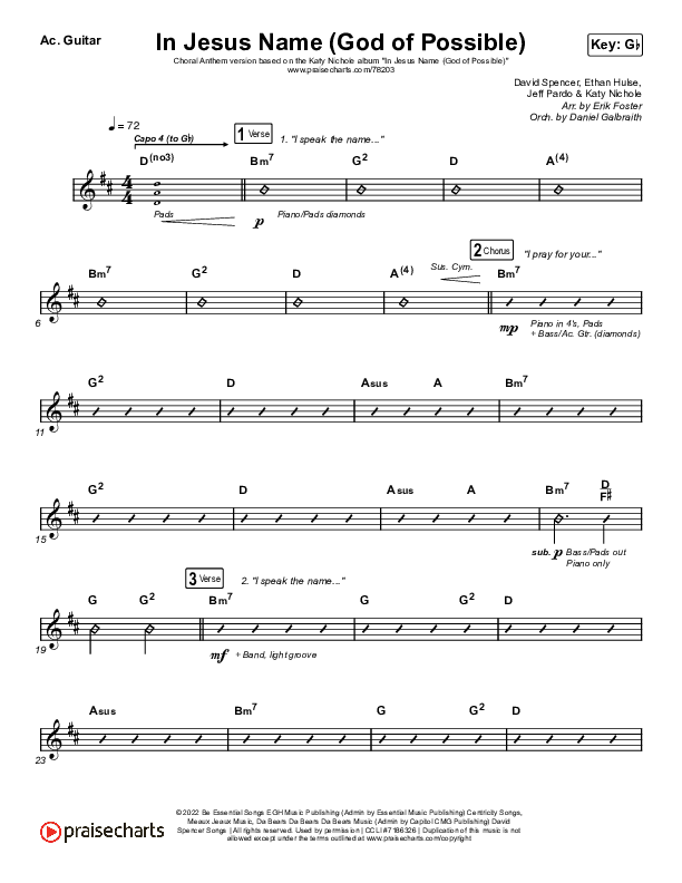 In Jesus Name (God Of Possible) (Choral Anthem SATB) Acoustic Guitar (Katy Nichole / Arr. Erik Foster)