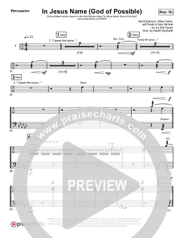 In Jesus Name (God Of Possible) (Choral Anthem SATB) Percussion (Katy Nichole / Arr. Erik Foster)