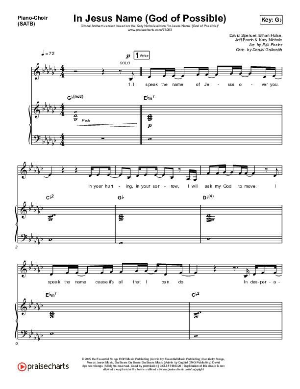 In Jesus Name (God Of Possible) (Choral Anthem SATB) Piano/Choir (SATB) (Katy Nichole / Arr. Erik Foster)
