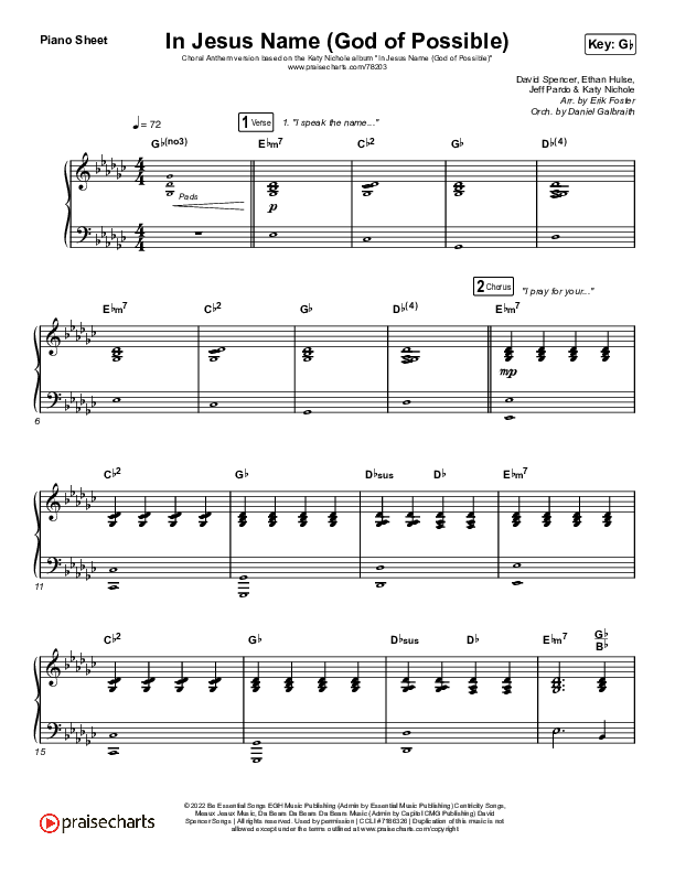 In Jesus Name (God Of Possible) (Choral Anthem SATB) Piano Sheet (Katy Nichole / Arr. Erik Foster)