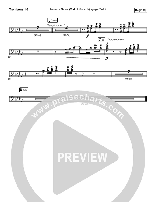 In Jesus Name (God Of Possible) (Choral Anthem SATB) Trombone 1/2 (Katy Nichole / Arr. Erik Foster)
