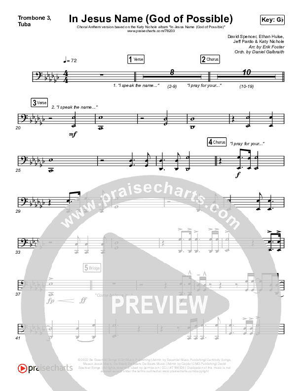 In Jesus Name (God Of Possible) (Choral Anthem SATB) Trombone 3/Tuba (Katy Nichole / Arr. Erik Foster)
