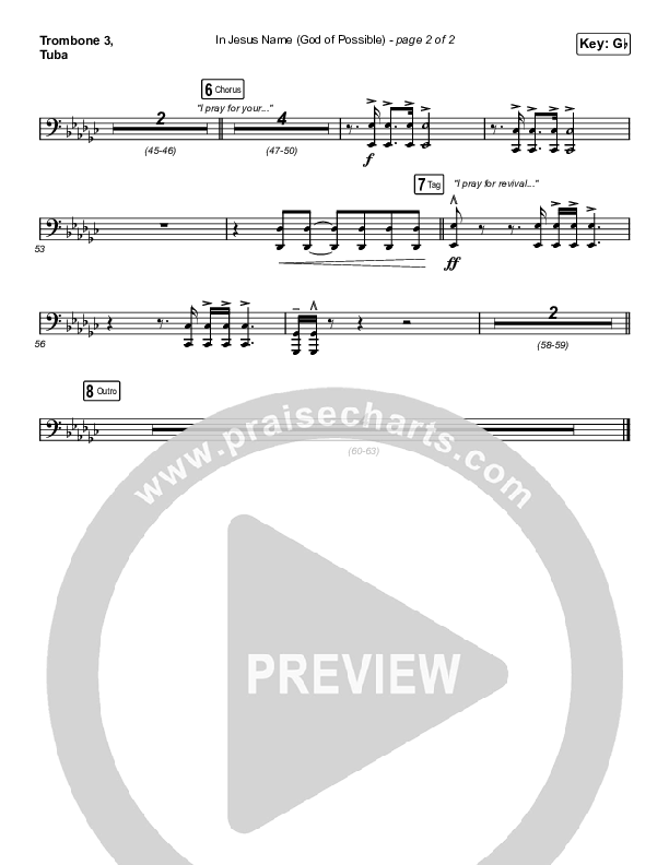 In Jesus Name (God Of Possible) (Choral Anthem SATB) Trombone 3/Tuba (Katy Nichole / Arr. Erik Foster)