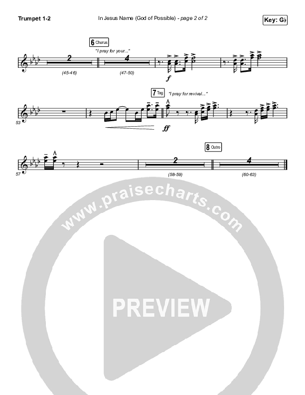 In Jesus Name (God Of Possible) (Choral Anthem SATB) Trumpet 1,2 (Katy Nichole / Arr. Erik Foster)