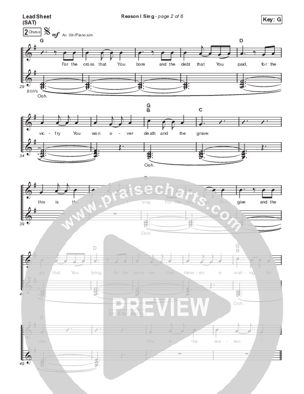 Reason I Sing (Acoustic) Lead Sheet (SAT) (Phil Wickham)