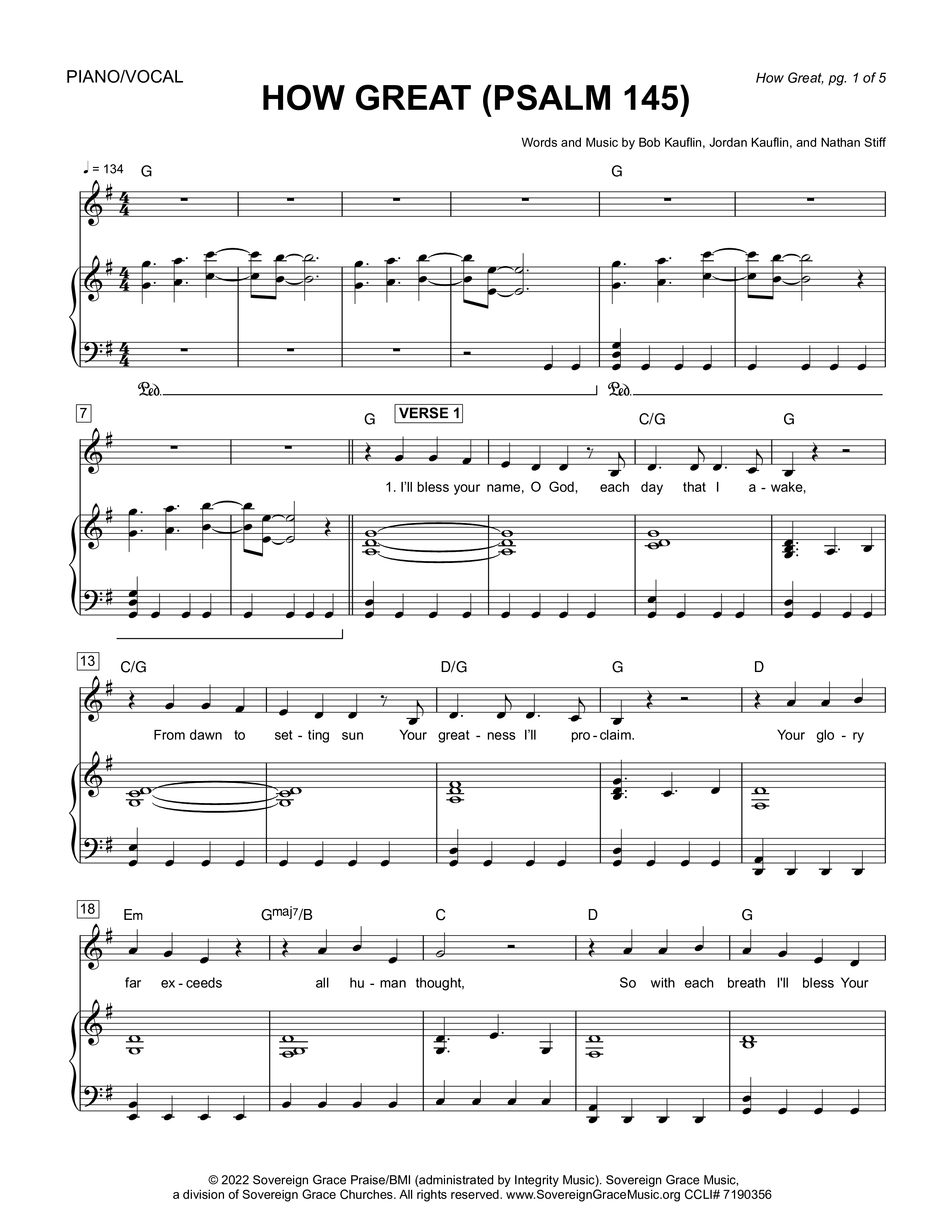 How Great (Psalm 145) Piano/Melody (Sovereign Grace)