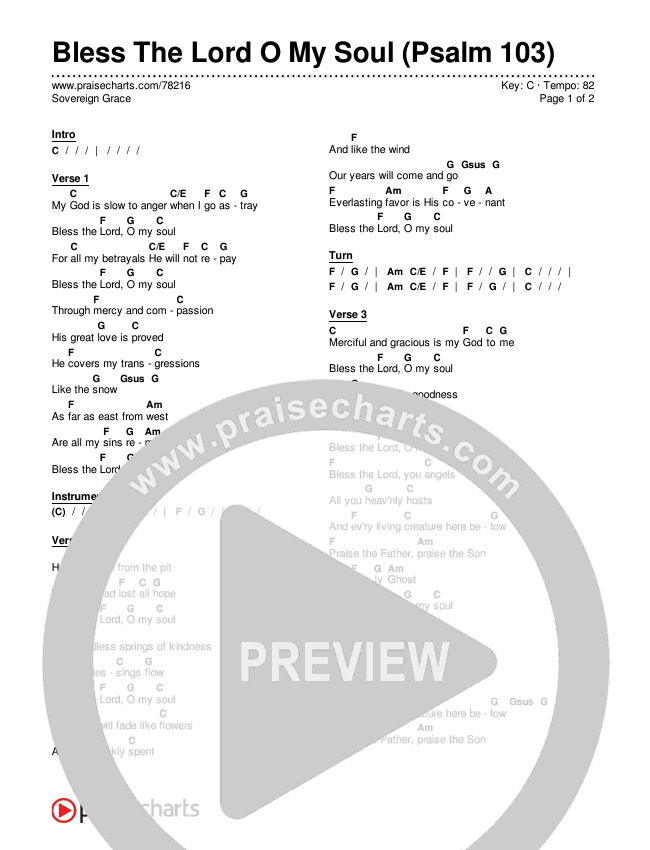 Bless The Lord O My Soul (Psalm 103) Chords & Lyrics (Sovereign Grace)