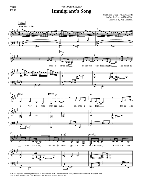 Immigrant's Song Piano/Vocal (SAT) (Keith & Kristyn Getty / Jordyn Shellhart)