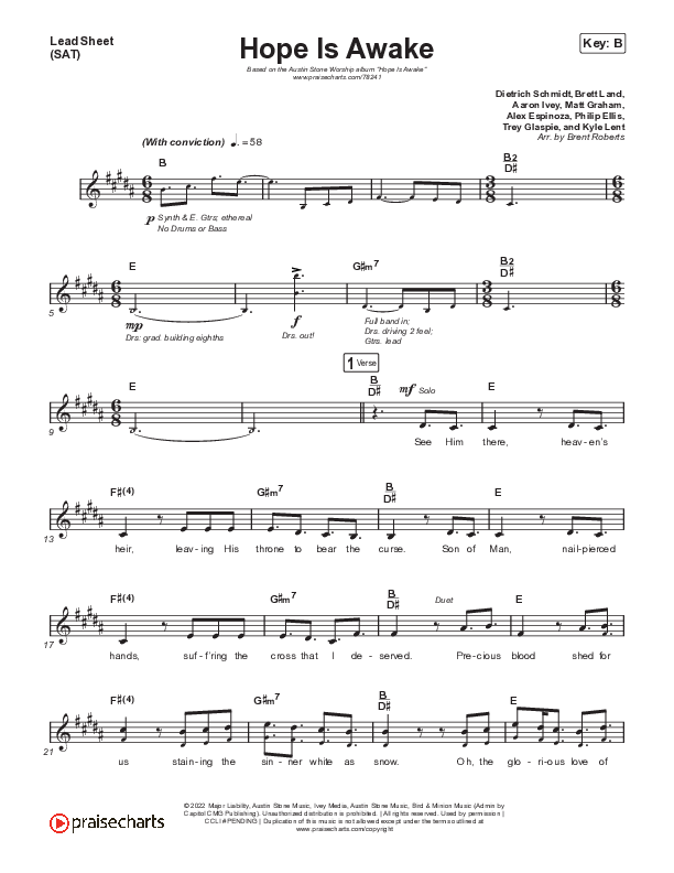 Hope Is Awake Lead Sheet (SAT) (Austin Stone Worship)