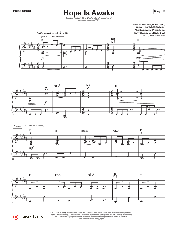 Hope Is Awake Piano Sheet (Austin Stone Worship)