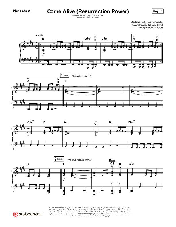 Come Alive (Resurrection Power) (Live) Piano Sheet (The Belonging Co / Hope Darst)