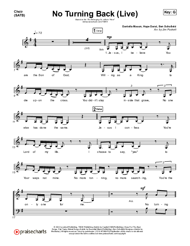 No Turning Back (Live) Choir Sheet (SATB) (The Belonging Co / Hope Darst)