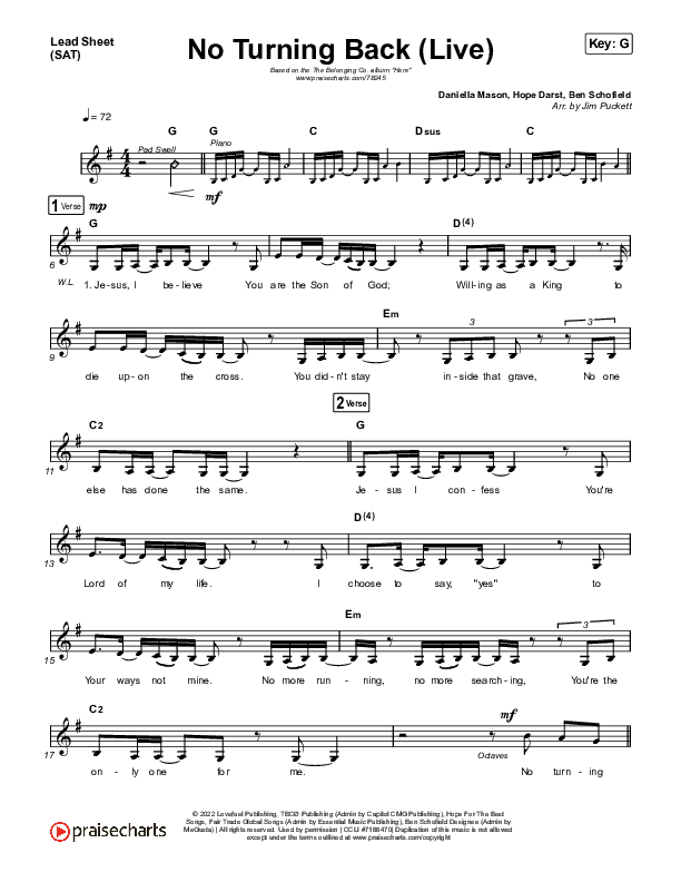 No Turning Back (Live) Lead Sheet (SAT) (The Belonging Co / Hope Darst)