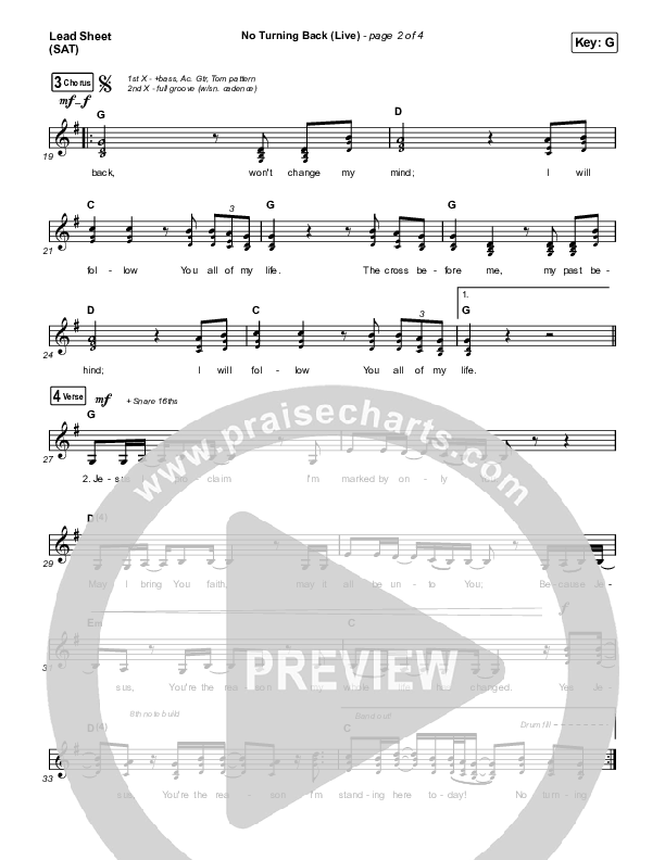 No Turning Back (Live) Lead Sheet (SAT) (The Belonging Co / Hope Darst)