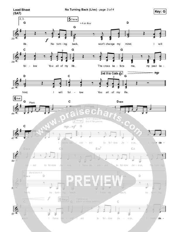 No Turning Back (Live) Lead Sheet (SAT) (The Belonging Co / Hope Darst)