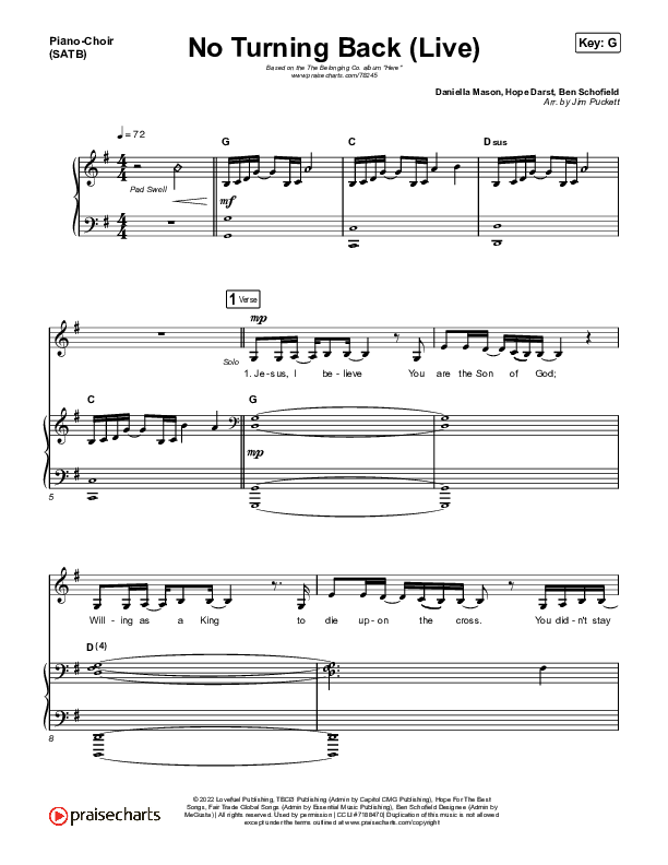 No Turning Back (Live) Piano/Vocal Pack (The Belonging Co / Hope Darst)