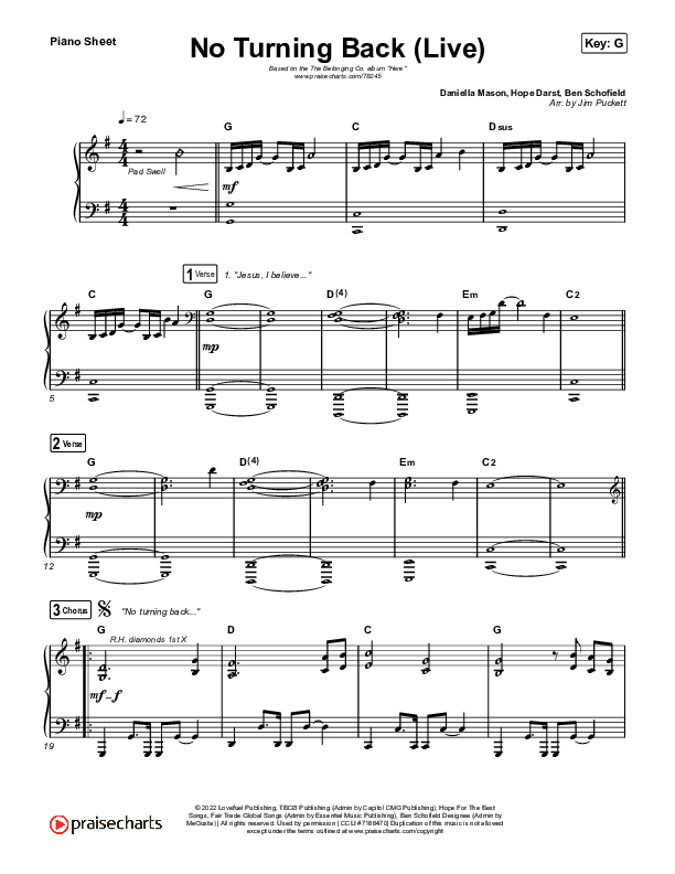 No Turning Back (Live) Piano Sheet (The Belonging Co / Hope Darst)