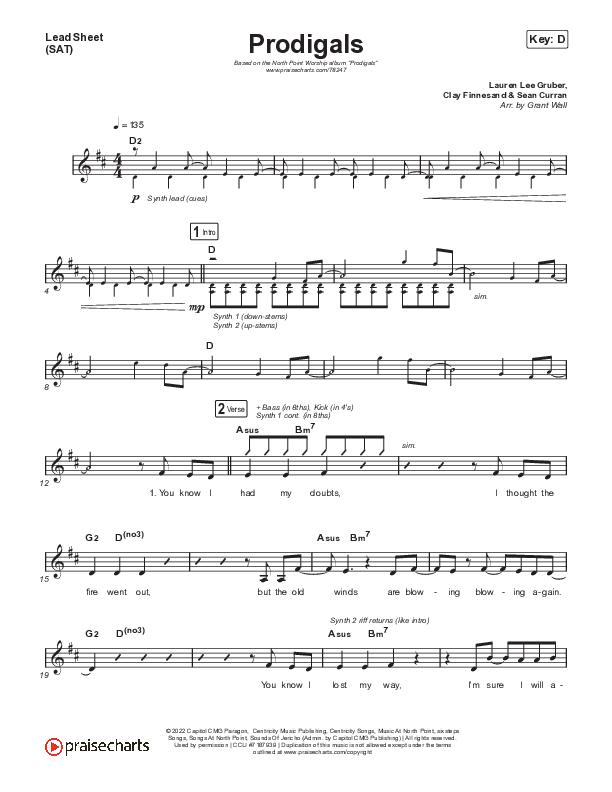 Prodigals (Live) Lead Sheet (SAT) (North Point Worship)
