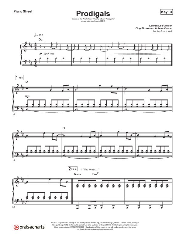 Prodigals (Live) Piano Sheet (North Point Worship)