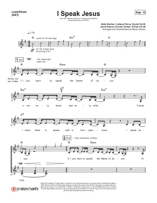 I Speak Jesus (Sing It Now SATB) Lead Sheet (SAT) (Shylo Sharity / Signature Sessions / Arr. Mason Brown)
