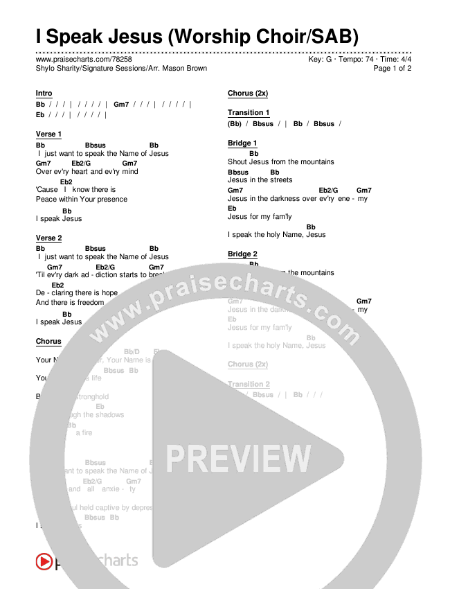 I Speak Jesus (Worship Choir SAB) Chords & Lyrics (Shylo Sharity / Signature Sessions / Arr. Mason Brown)