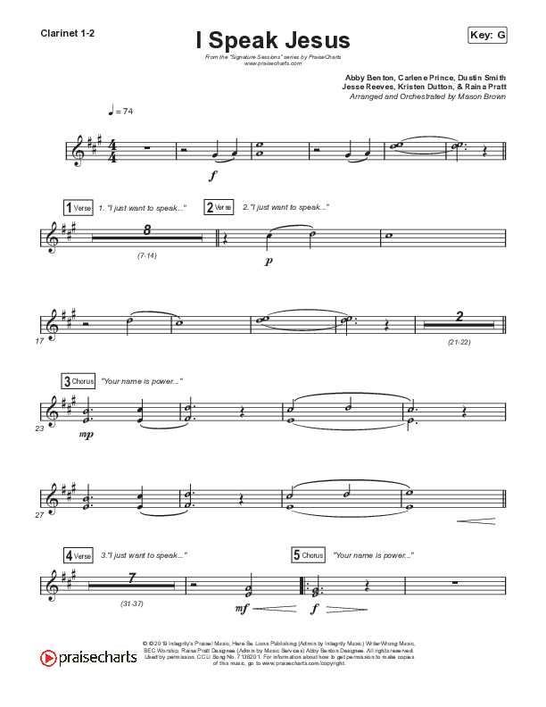 I Speak Jesus (Worship Choir SAB) Clarinet 1/2 (Shylo Sharity / Signature Sessions / Arr. Mason Brown)
